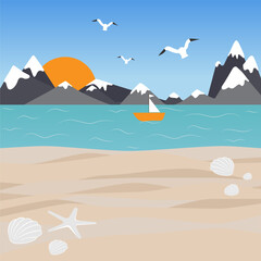 Fototapeta na wymiar Seascape with mountain range and flying seagulls