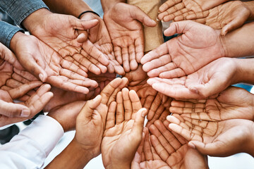 Hands, palm and diversity of people in circle of charity, support and community together from...