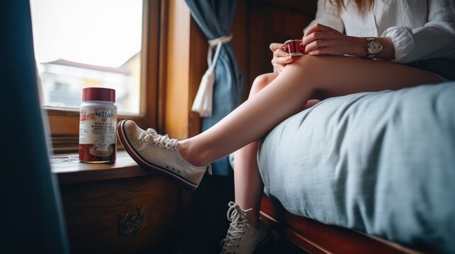 Woman applying body cream on leg in bedroom. Illustration AI Generative.