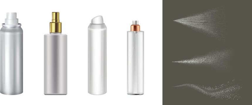 Spray bottle. Water spray mist background. Set of white blank spray bottles. Vector illustration
