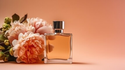 Bottle of perfume with flowers. Illustration AI Generative.