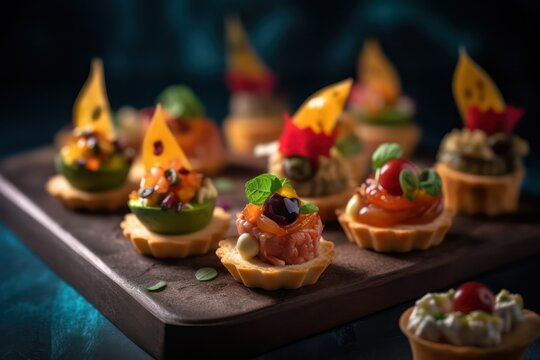 assortment of small ones. canapés with fruit and meat or fish filling on a wooden table. buffet. generative AI