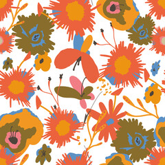 Fototapeta na wymiar 70s 80s seamless pattern elements flowers abstract modern wild peace love 