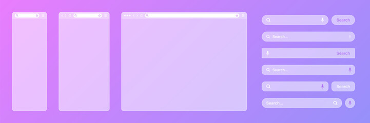 Obraz premium Blank transparent internet browser window with various search bar templates. Web site engine with search box, address bar and text field. UI design, website interface elements. Vector illustration