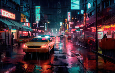 Car in an empty cyberpunk city near night lights, in the style of a psychedelic manga. Generative AI - obrazy, fototapety, plakaty