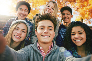 Selfie, teenager and group of friends in park, nature or fall trees and teens smile, picture of...