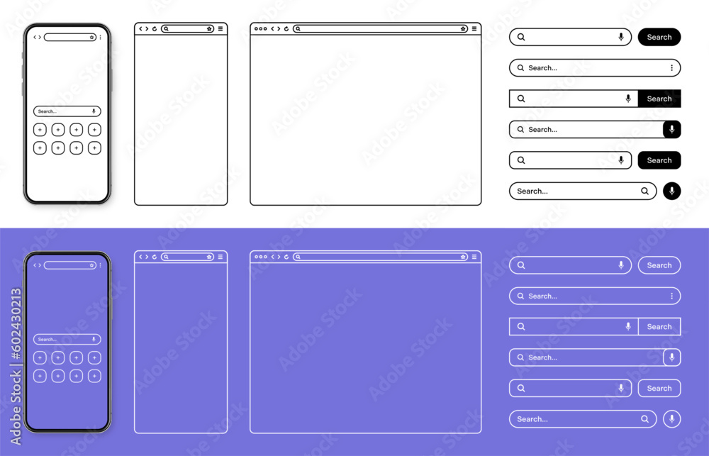 Aufkleber smartphone, web browser, internet page window with toolbar and search bar, field. modern website in 