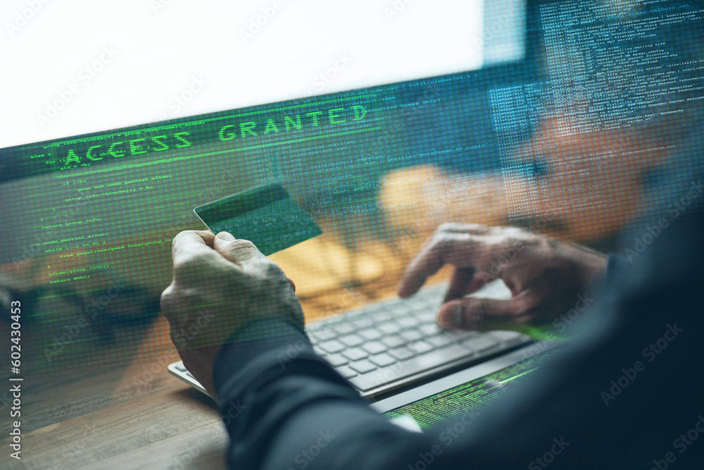 Aufkleber Computer, credit card and man hands for password, crack code or access in digital overlay and night cybersecurity. Fraud, scam and desktop of programmer or hacker person hacking bank or fintech data