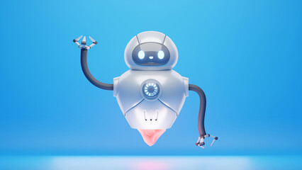 Robot 3d render. Happy face. Waving hand. Cute cartoon character. Hello gesture. Metal, monitor head. Face with emotions. Claw up. Retro futurism. Realistic modern design. High resolution illustration