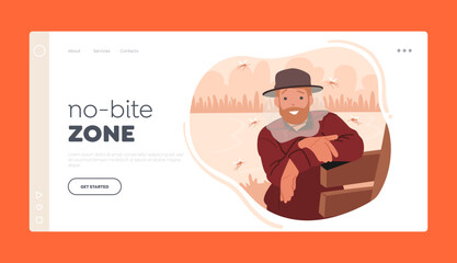 No-Bite Zone Landing Page Template. Male Character Wear Hat With Mosquito Net. Practical And Protective Accessory