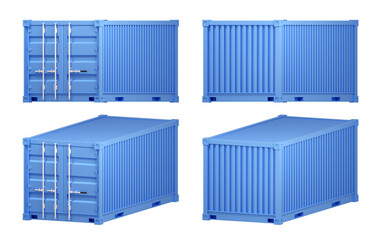 Cargo container isolated on white background. 3d render. Shipping, transportation and delivery template. Blue color. Realistic concept. Simple cartoon design. High resolution illustration
