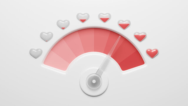 Love meter, indicator. Valentine's day card element. Love gauge concept with red hearts. Satisfaction indicator. 3d render. Realistic cute modern design. Simple template. High resolution illustration.