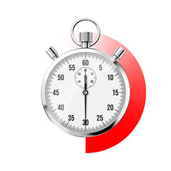 Realistic classic stopwatch. Shiny metal chronometer, time counter with dial. Red countdown timer showing minutes and seconds. Time measurement for sport, start and finish. Vector illustration