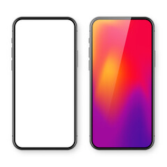 Smartphone with blank touch screen and abstract colorful background, wallpaper. Frameless mobile phone in front view. High quality detailed device mockup. Vector illustration