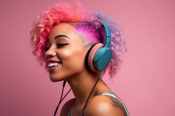 a happy african american young woman with bright hair in headphones on a pink background listens to music.  