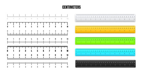 Realistic metal rulers with black centimeter scale for measuring length or height. Various measurement scales with divisions. Ruler, tape measure marks, size indicators. Vector illustration