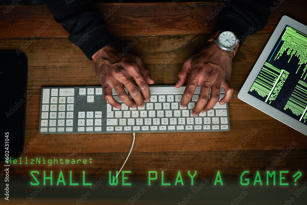 Poster Keyboard, hacking and man hands in gaming virus, software danger and programming in digital tech overlay. Online games, cyber attack and coding scam of gamer person on computer or tablet screen above