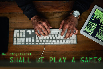 Keyboard, hacking and man hands in gaming virus, software danger and programming in digital tech...