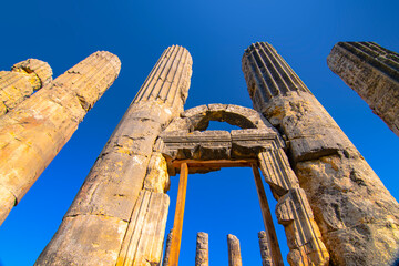  With blue sky,High resolution panoramic view Zeus temple at Uzuncaburc Ancient city located in...