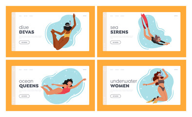 Women Diving Landing Page Template Set. Female Characters Enjoying The Sea And Exploring Marine Life