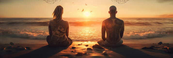 Spiritual couple meditating on the sand, created using generative ai