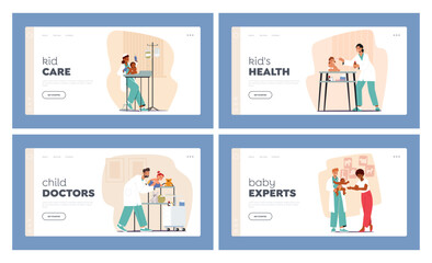 Pediatricians Landing Page Template Set. Doctor Characters Perform Baby's Checkup, Measure Weight And Height