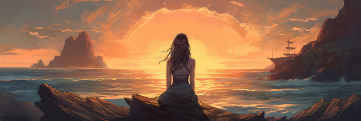 A beautiful woman looking over the ocean at sunset, created using generative ai