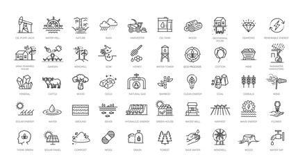 Set of natural resources icons. Line art style icons bundle. vector illustration
