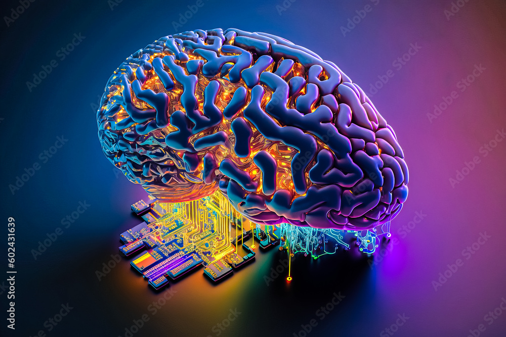 Poster ai chipset with human brain on computer circuit board. artificial intelligence, data mining, and dee