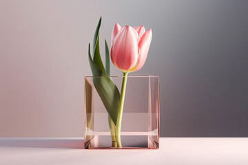 Pink tulip in a clear square vase on a pastel pink background. Generative AI
