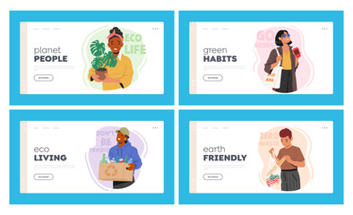 Sustainable Lifestyle Landing Page Template Set. Characters Conduct Eco Life That Emphasizes On Reducing Waste