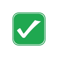 Green checkmark design icon on square box.