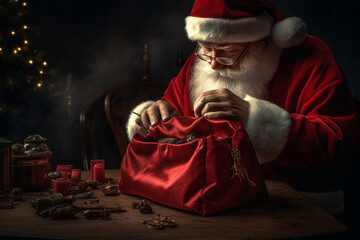 Fototapeta na wymiar Santa Claus sews a bag for Christmas gifts.the concept of the holiday and Christmas. copyspace. Generative AI