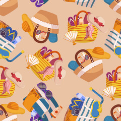 Vibrant Beach Bag Pattern, Colorful And Lively Seamless Design Featuring A Variety Of Beach Bags, Vector Illustration