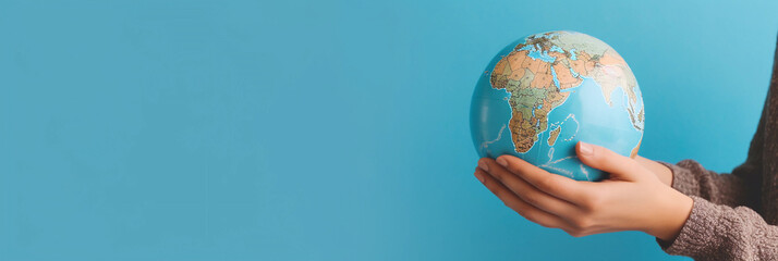 Earth Day. The globe lies in woman's hands on a light blue background. Environmental protection concept. AI Generative. Wide banner with copy space. 
