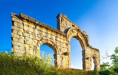  With blue sky,High resolution panoramic view Zeus temple at Uzuncaburc Ancient city located in Uzuncaburc,Silifke,Mersin,Turkey.