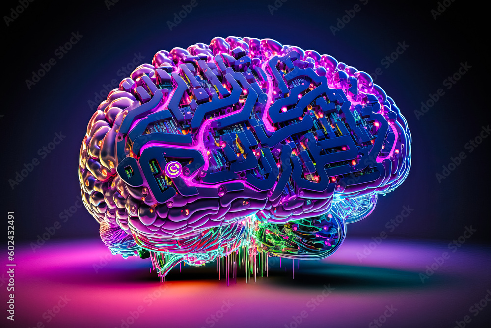 Poster ai chipset with human brain on computer circuit board. artificial intelligence, data mining, and dee