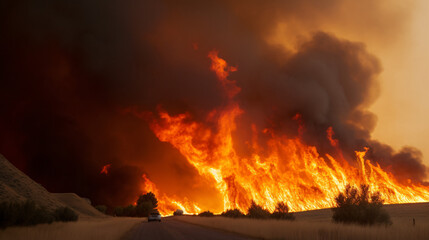 Fototapeta na wymiar Fierce Winds Ignite a Raging Wildfire inferno, generative AI