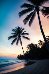 Plakat Sunset with palm trees and beach in the background with blue sky and clouds in the foreground, palm trees on the ocean. Generative AI, generative, AI