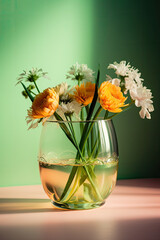 Fototapeta na wymiar Glass of fresh spring flowers in vase, high quality generative ai