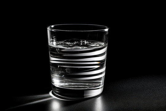 Glass of water with striped black and white background, generative ai