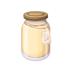 Ashwagandha bath salt vector illustration. Cartoon isolated glass jar with lid, paper label on rope and medical sea salt for spa therapy and massage, cosmetic beauty product and Ayurveda medicine