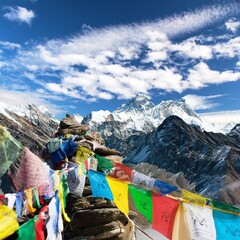 Mounts Everest Lhotse Makalu with buddhist prayer flags