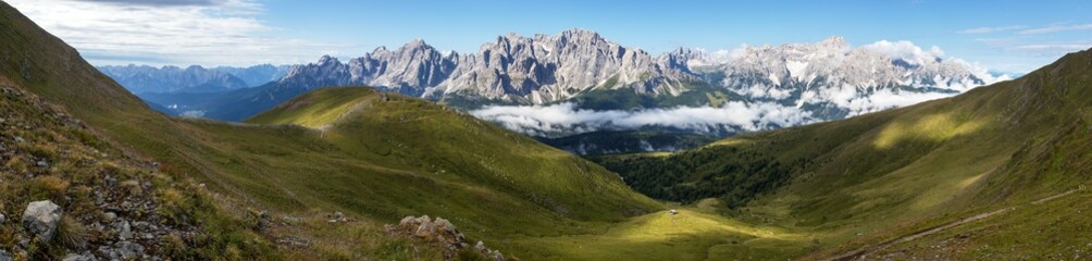 panoramic view of the Sexten dolomites mountains - obrazy, fototapety, plakaty