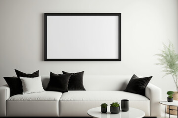 Single thin black frame mockup above the sofa.  Generative AI