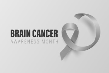 Brain Cancer Banner, Card, Placard with Vector 3d Realistic Grey Ribbon on Grey Background. Brain Cancer Awareness Month Symbol Closeup, May. World Brain Cancer Day Concept