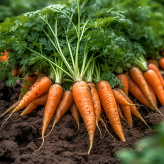 Young juicy carrots on a bed in the garden, eco products, gardening theme. Generative AI
