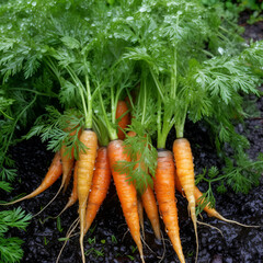 Young juicy carrots on a bed in the garden, eco products, gardening theme. Generative AI
