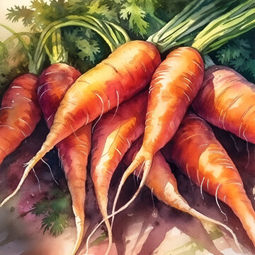 Set of watercolor carrots. Isolated illustration. beautiful juicy carrot painted in watercolor, Generative AI