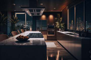 Luxury penthouse kitchen at night